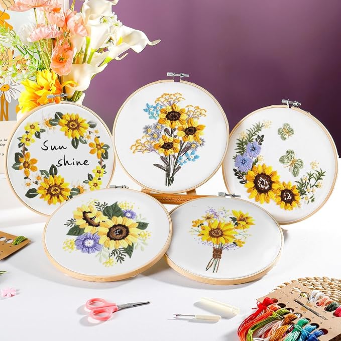 5 Pack embroidery kit for beginners Adults DIY Starter Kit, Sunflower Gifts for - Image 6