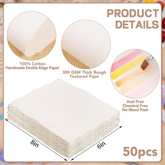 50 Sheets Watercolor Paper 6 x 8inch, 300 GSM Deckled Edge Paper Rough/Textured - Image 2