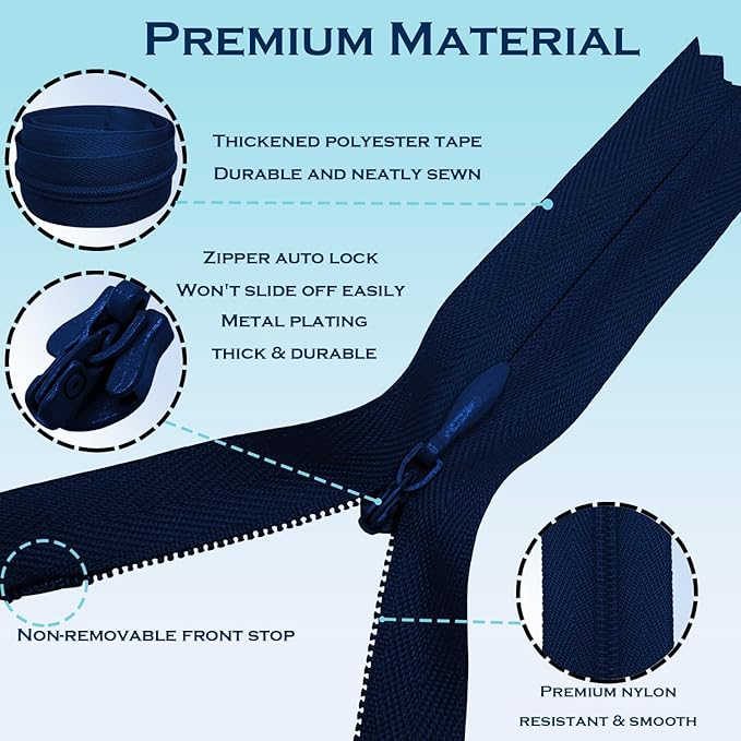 ANPURZII 10PCS #3 12 Inch Deep Navy Blue Invisible Zippers - Image 3