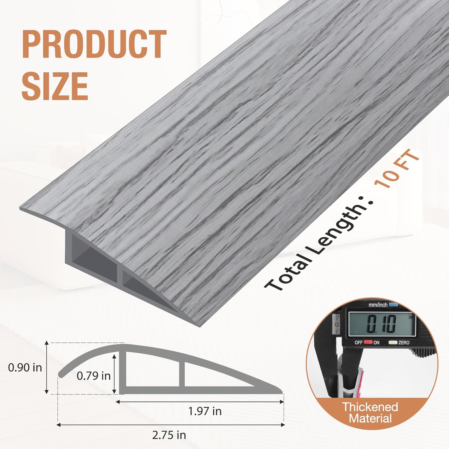 Floor Transition Strip Self Adhesive Vinyl Door Threshold for Doorways Carpet Edging Trim Overlap Edge Reducer for Laminate Floor, Carpet, Tile (Light Gray Wood Grain, 3/5" to 4/5", 10Ft)