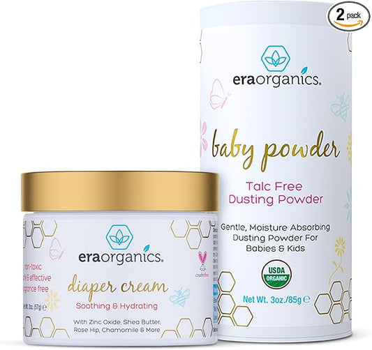 Organic Baby Powder & Diaper Rash Cream– USDA Organic Talc-Free Powder & Zinc Oxide Diaper Cream to Help Soothe, Moisturize & Protect Delicate Skin