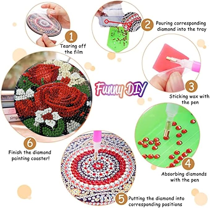 8 Pack Diamond Art Coasters, Rose Flowers Diamond Painting Coasters Kits | - Image 3