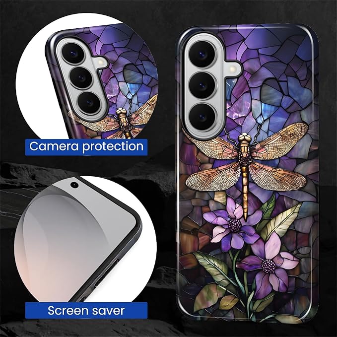 for Samsung Galaxy S26 Case, Stained Glass Dragonfly Pattern Glossy 2 in 1 - Image 5