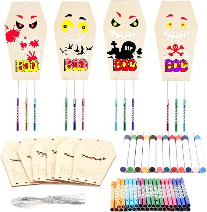 Wooden Coffins Wind Chime Ornaments Painting Craft, 6 Style Cutouts by THWAS-LIGHT
