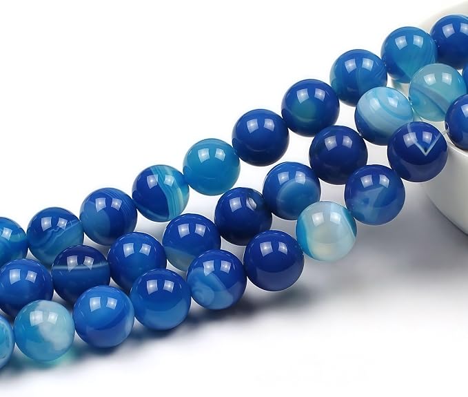MJDCB Natural Stone Beads Blue Striped Agate Round Loose Beads - Image 3