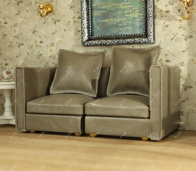 iLAND Dollhouse Furniture Sectional Dollhouse Couch Set Grey Faux Leather Sofa - Image 6