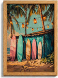 Framed Vintage Surfboard Canvas Wall Art, Tropical Palm Trees Painting Picture by HJYQLN