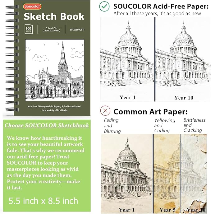 Soucolor Sketchbook 5.5" x 8.5", 2 Pack Mini Sketch Book | Spiral Bound Sketch - Image 7
