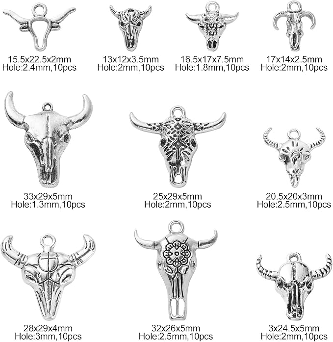 DanLingJewelry 100Pcs 10 Styles Antique Silver Cow Charms Western Cattle Head - Image 2