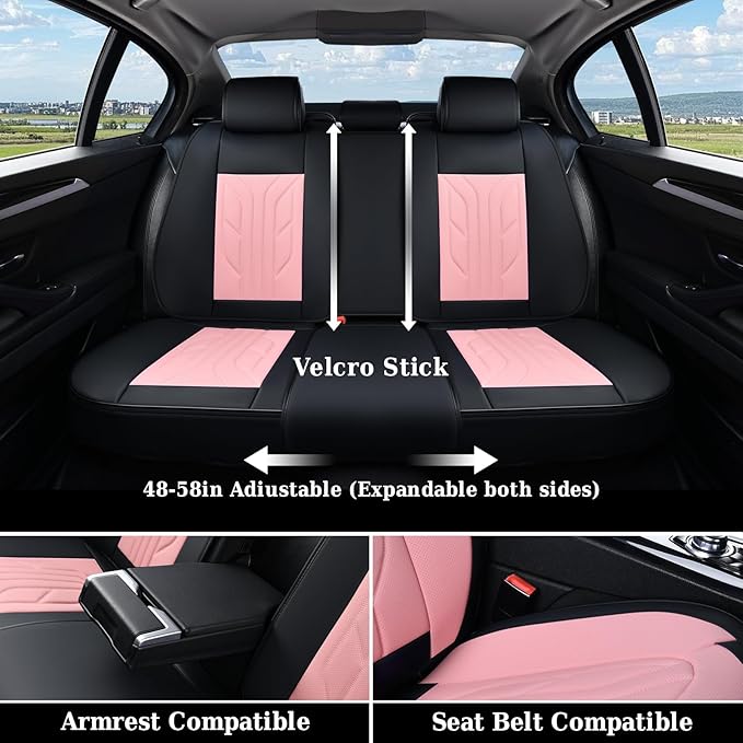 Coverado Car Seat Covers Full Set, Car Seat Protectors Leather Seat Covers for Cars, Automotive Seat Covers Car Accessories Universal Fit for Most Sedans SUV Pick-up Truck(Black&Pink)