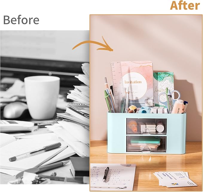 Marbrasse Pen Organizer with 2 Drawer, Desk Organizers and Accessories with 5 - Image 7