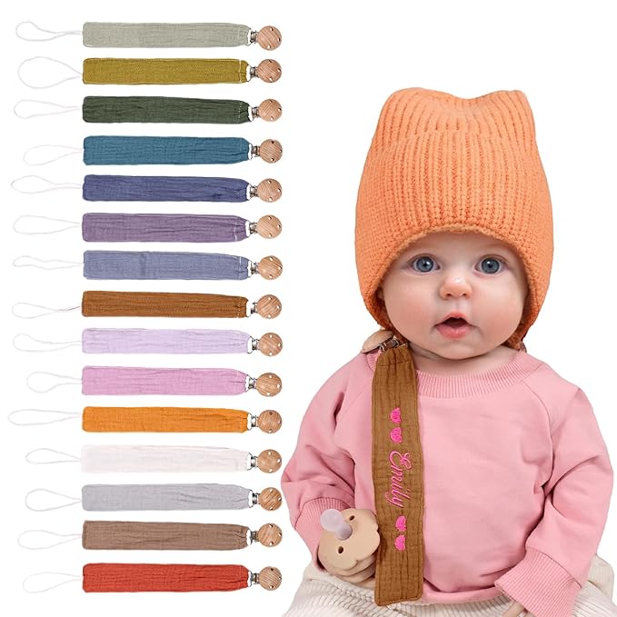 Personalized Bohemian Pacifier Clip Embroidered with Name is The Perfect Newborn Gift Made from eco-Friendly Bamboo! (Caramel)