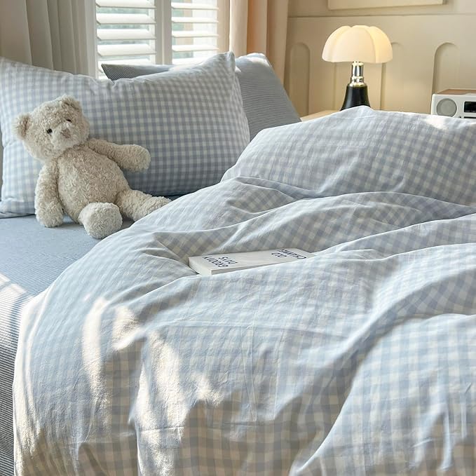 mixinni Light Blue Gingham Duvet Cover Set King Size - Image 6