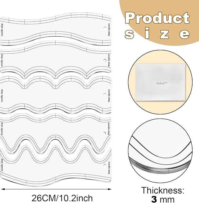 Sinload 5 Pcs Quilting Ruler and Templates 10.24 Inches Waves Ruler Acrylic - Image 2