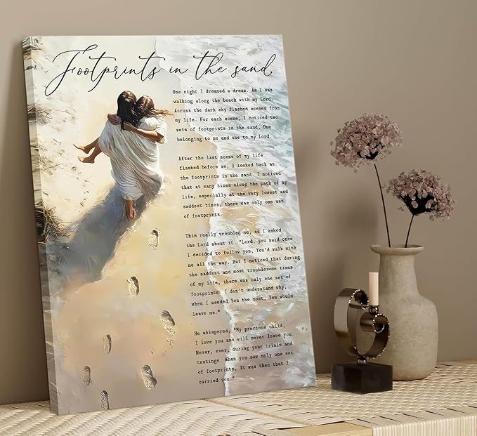 CYPQPCUH Jesus Footprints in the Sand Wall Art Canvas Print Jesus Holding Woman - Image 6