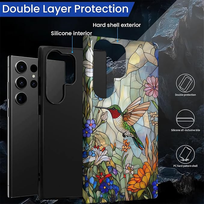 for Samsung Galaxy S24 Ultra Case, Hummingbird Wildflower Stained Glass Pattern - Image 4