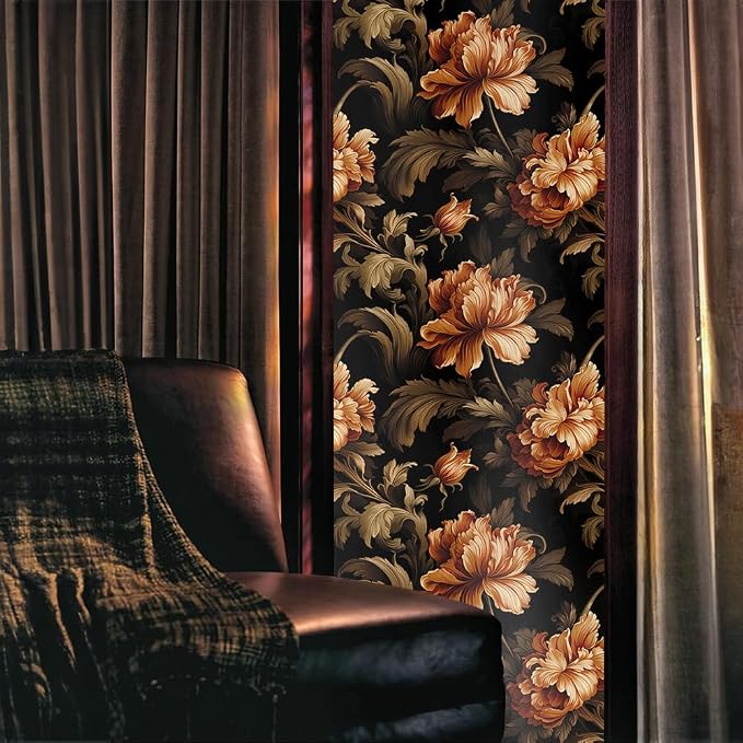 Vintage Dark Black Orange Brown Peony Florals Stained Glass Window Films - Image 2