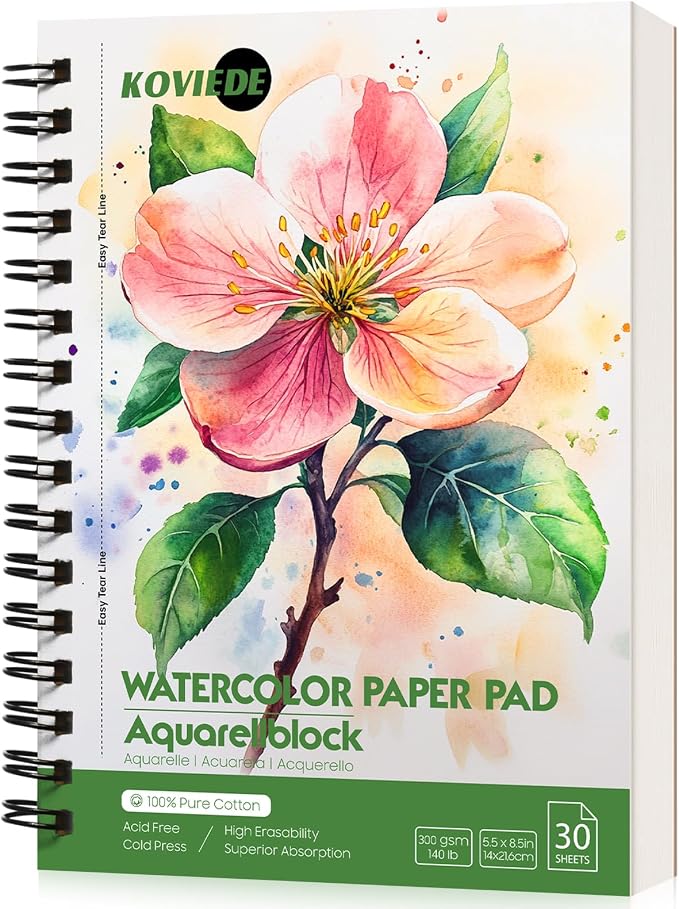 KOVIEDE 100% Cotton Watercolor Paper Pad 30 Sheets, Cold Press 140lb/300gsm by KOVIEDE