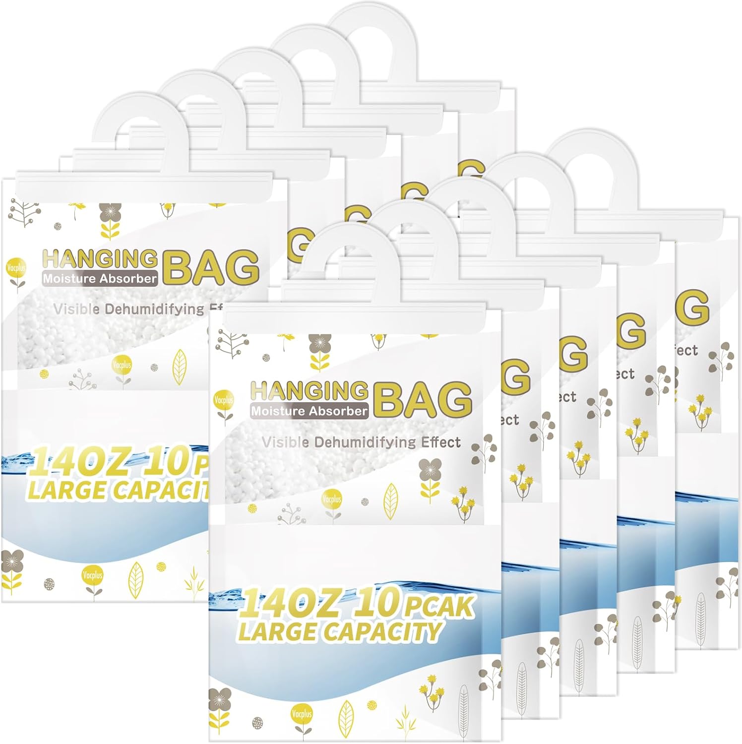 Vacplus Moisture Absorbers, Hanging Closet Dehumidifier Bags, Humidity Packs, Desiccant, Closet Dehumidifiers with Fragrance Free, 10 Pack, 14.0 OZ