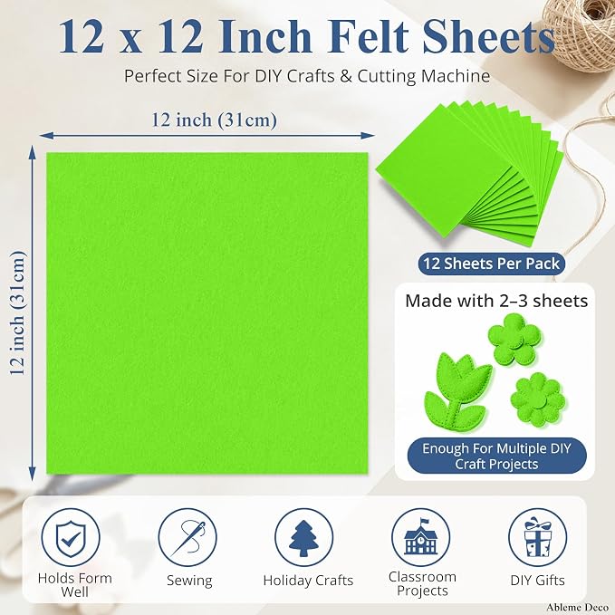 12" x 12" Felt Sheets for Crafts, 2mm Stiff Felt Fabric, Lime Green - Image 3