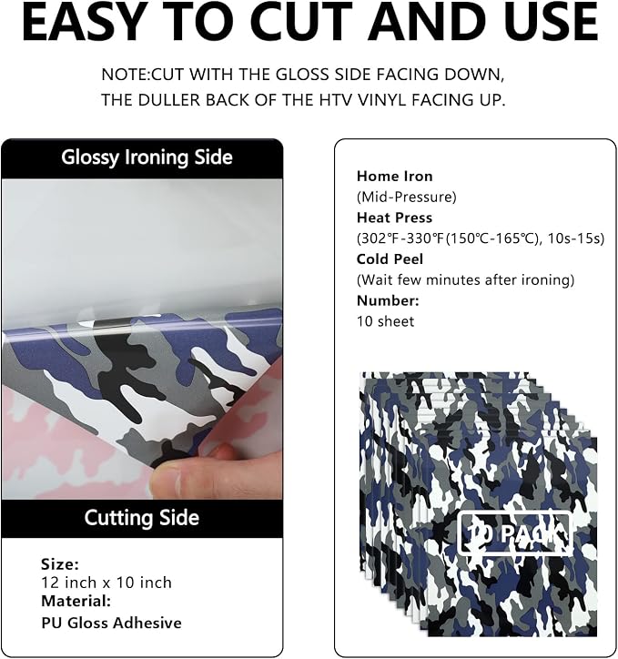 FUNKAKA Camo Army Grey HTV Heat Transfer Vinyl Bundle, 10 Sheets PU HTV Vinyl - Image 2