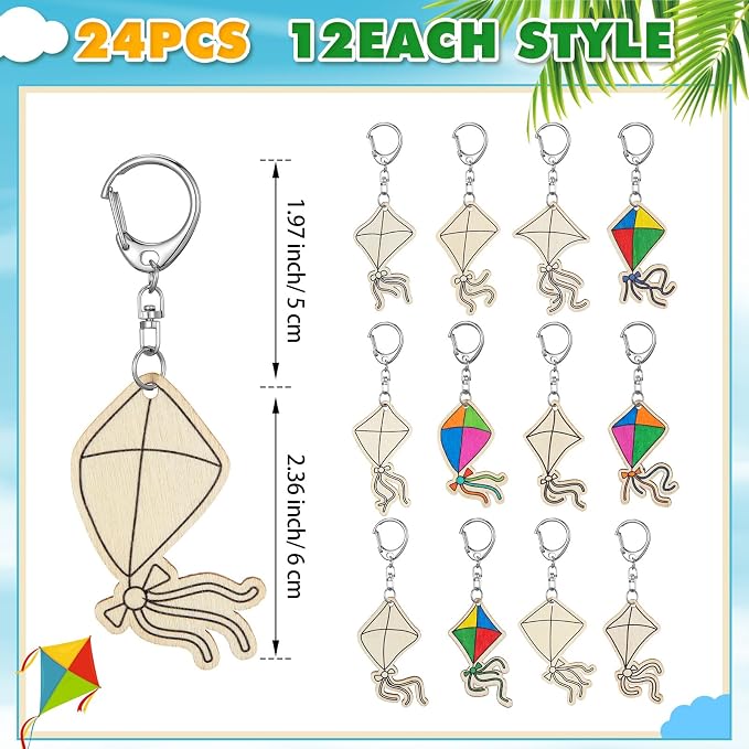 RattanView 24 Pcs Kites Crafts Color Your Own Keychains DIY Craft Wooden Blank - Image 2