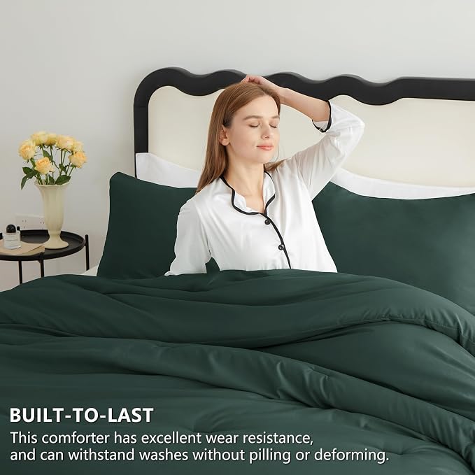 CozyLux Full Size Comforter Set Forest Green, 3 Pieces Solid Breathable Quilted - Image 3