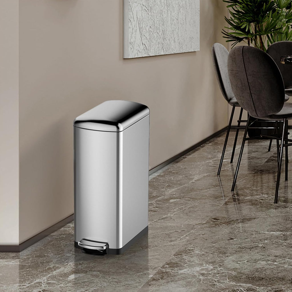 30 L Kitchen Step Trash Can, 8 Gallon Narrow Stainless Steel Waste Bin with Soft-Close Lid, Rectangle Rubbish Bin with Removable Inner Bucket for Bathroom, Dining Room, Living Room