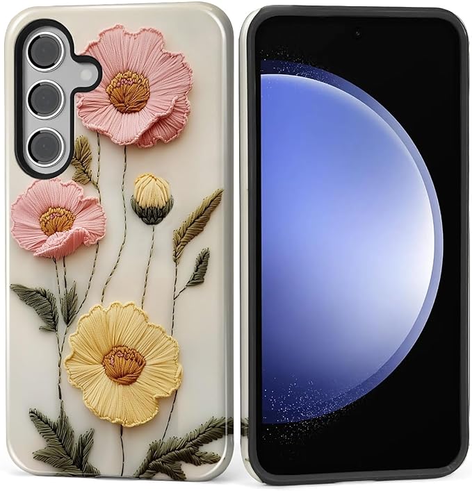 Case for Samsung Galaxy S26 Case, Faux Embroidery Boho Floral Design- Hybrid by Kapadiy