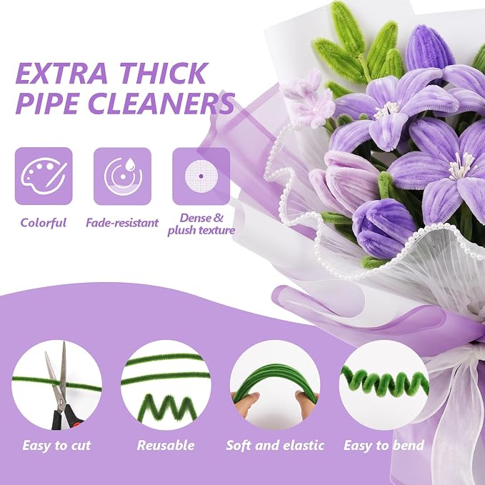 Cwczhi 600 PCS Pipe Cleaners Craft, 9 Colors Purple Pipe Cleaner Flower Kit | - Image 3
