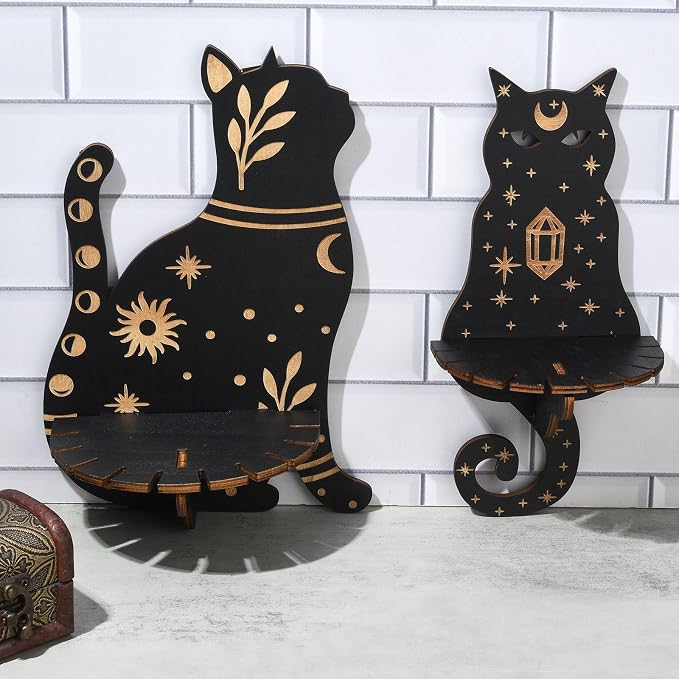 2 pcs 2 Styles Black Cat Theme Wooden Display Shelf Gothic Animal Floating - Image 6
