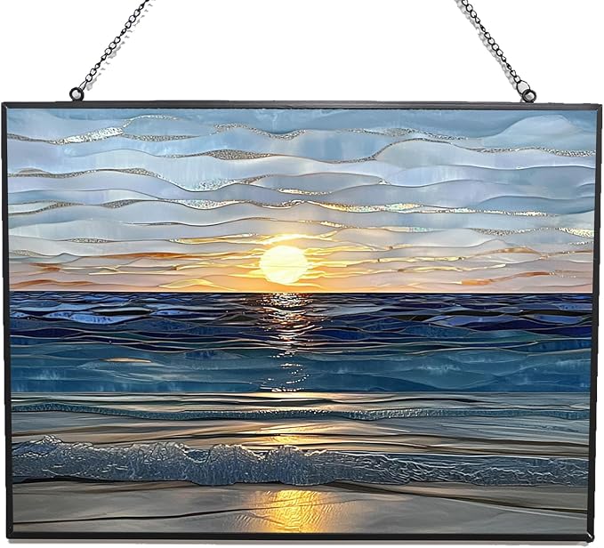 Rectangle Sun Set Beach Stained Glass Window Hanging Sun Catchers Indoor Window by 365CUSGIFTS