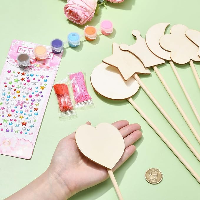 14 pcs Princess Wand Theme Undyed Wooden Cutouts Flower Crown Butterfly Star - Image 4