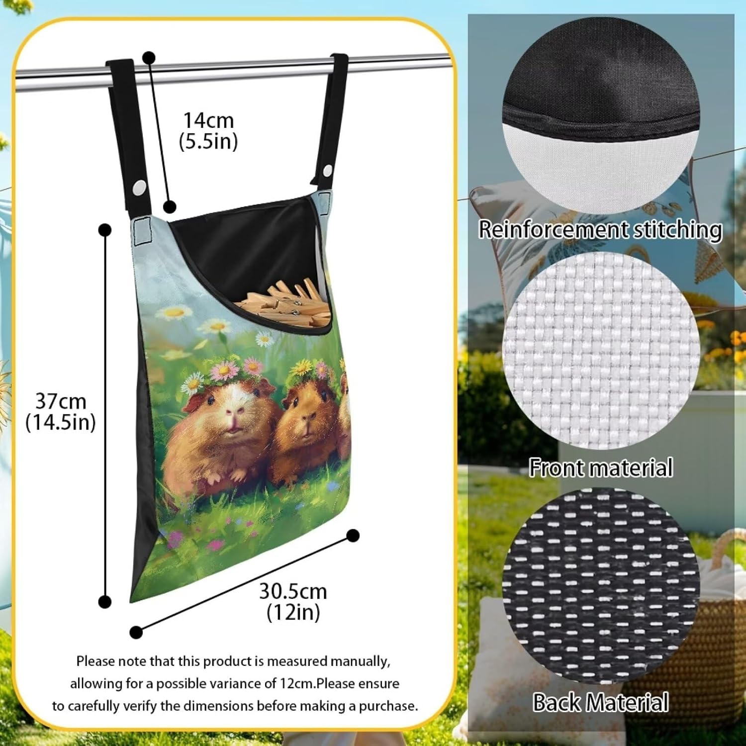 Guinea Pig Clothespin Bag Space-Saving Laundry Hanging Storage Organizer Clothes Pin Hanging Bag with Rope Holds 100 Clothes Pins for Clothesline Outdoor Portable Clothespin Storage