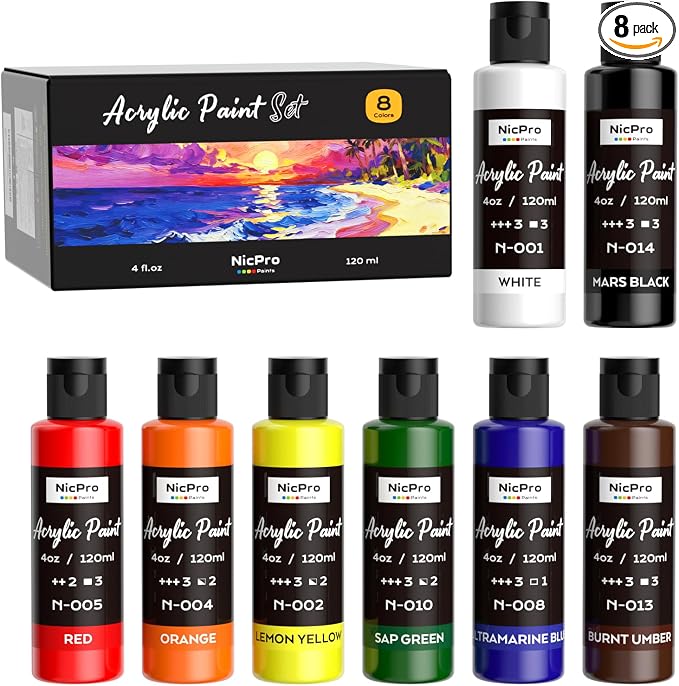 Nicpro 8 Primary Colors Acrylic Paint Set, Rich Pigment, Non Toxic Craft Paint by Nicpro