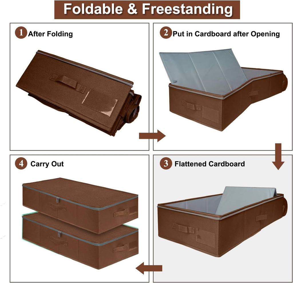 punemi Underbed Storage Box, Under Bed Clothes Storage With Sturdy Structure and Ultra Thick Fabric & zipper Lid, Use as Clothes Organizer, Pillow and Blanket Organizer, Brown, Large, 2 pack