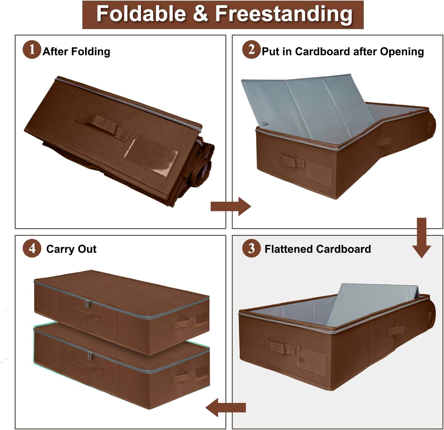 punemi Underbed Storage Box, Under Bed Clothes Storage With Sturdy Structure and Ultra Thick Fabric & zipper Lid, Use as Clothes Organizer, Pillow and Blanket Organizer, Brown, Large, 2 pack