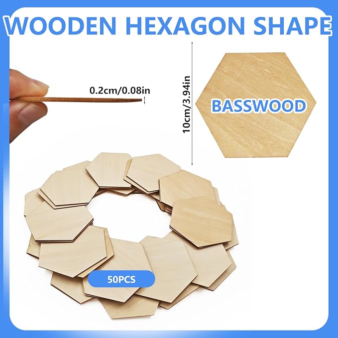 50PCS Wooden Hexagonal, Made of Basswood, 4 Inch Unprocessed Wood Pieces - Image 2