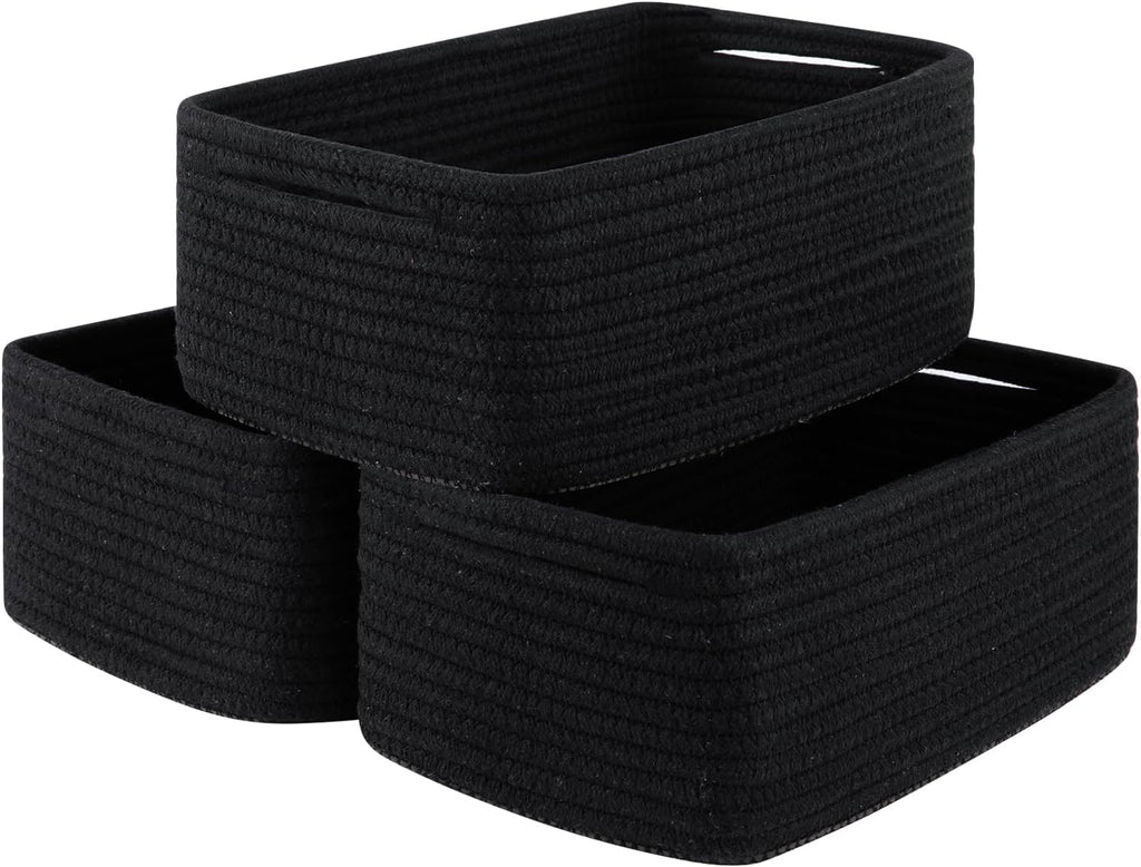 3 Pack Small Storage Baskets for Organizing, Cute Woven Decorative Gift Baskets for Shelves, Mini Closet Organizer Bins with Handles, 11.81''Lx7.87''Wx4.72''H-Black