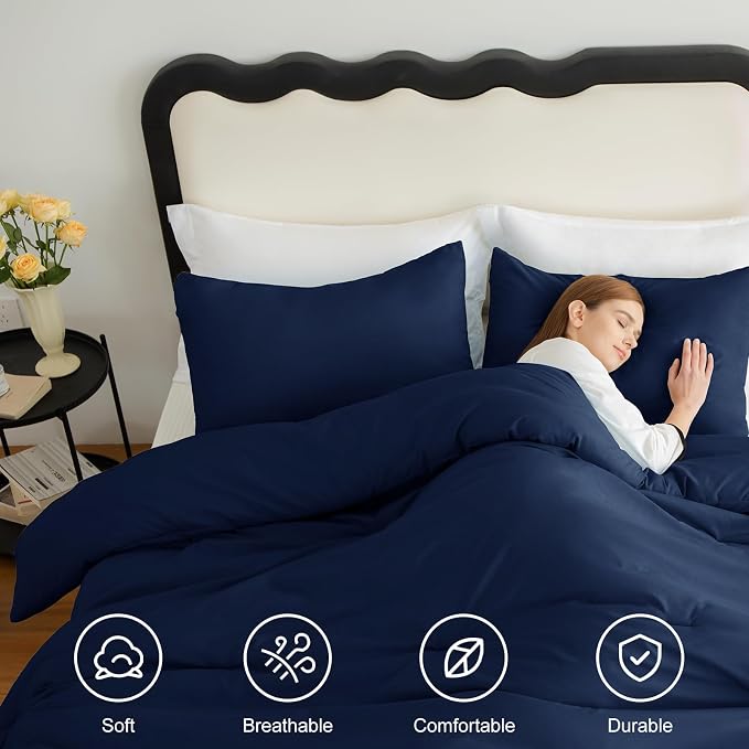 CozyLux Queen Comforter Set Navy Blue, 3 Pieces Solid Comforters Queen Size - Image 4