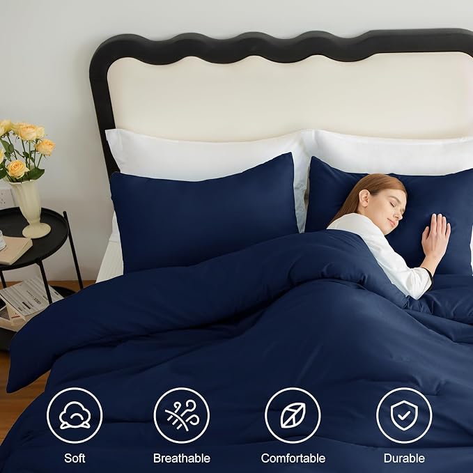 CozyLux Navy Blue King Size Comforter Set, 3 Pieces Solid Breathable Quilted - Image 4