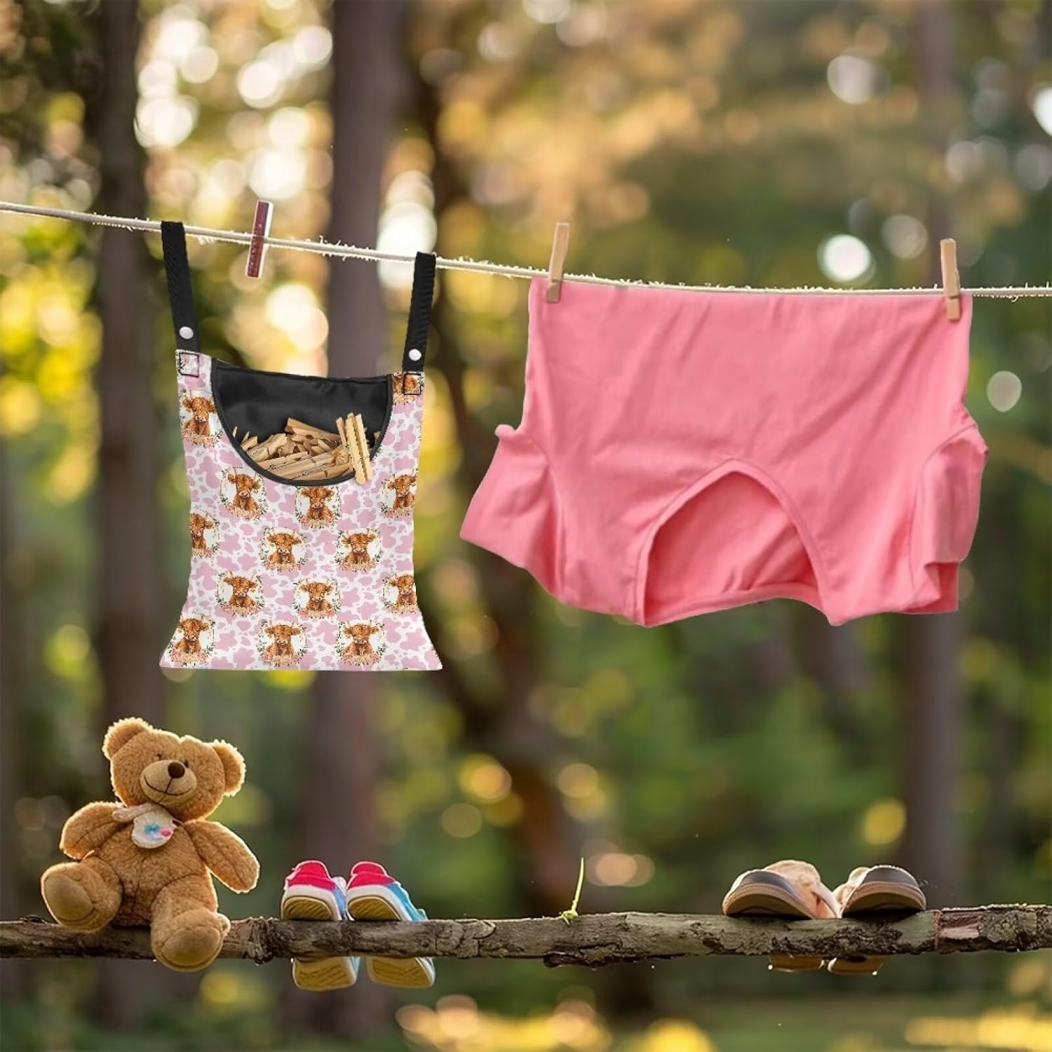 Cattle Clothespin Bags with Hanging Rope Pink Cow Print 14.5 x 12 Inch Summer Waterproof Laundry Clothes Pin Holder Clothespin Storage Organizer with Large Opening