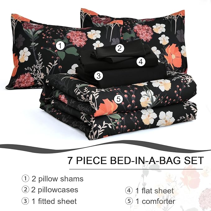 Yiran Black Red Floral Comforter Set King Size, 7 Piece Winter Comforter - Image 7
