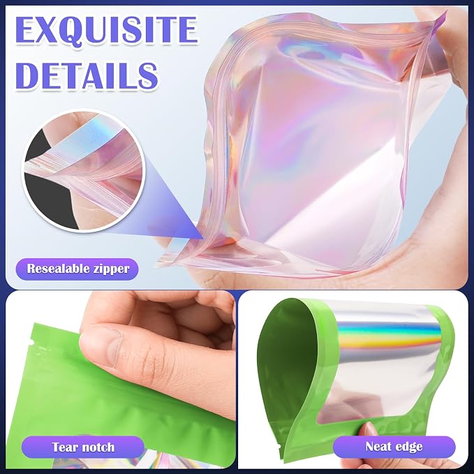 JETMORE 100 Pcs Mylar Bags, Smell Proof Bags Foil Pouch, Holographic Resealable - Image 5