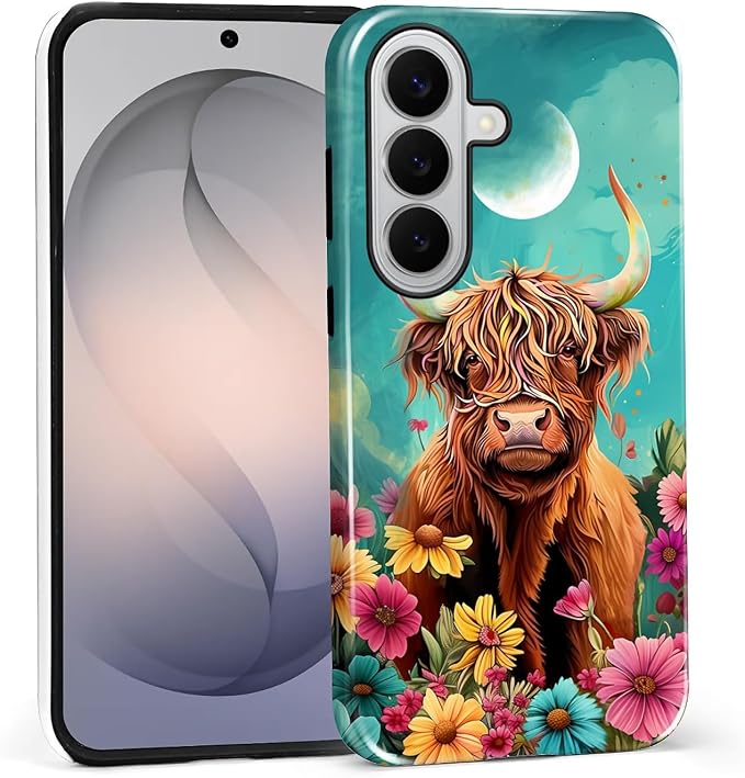 for Samsung Galaxy S26 Case, Highland Cow Flower Pattern Glossy 2 in 1 by Teonvpu