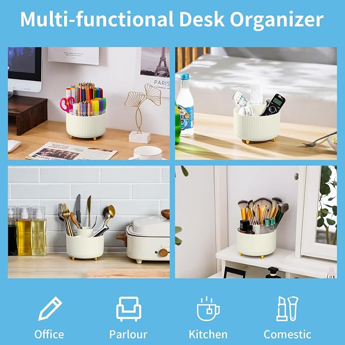 Marbrasse Desk Organizer, 360-Degree Rotating Pen Holder, 5-Compartment Pencil - Image 2