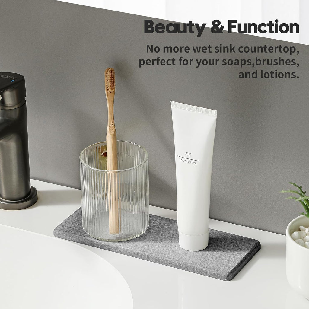 2PCS Bathroom Counter Vanity Trays, Water Absorbing Diatomite Stone Quick Drying Mat for Kitchen Sink Counter, Dish Rack Soap Dispenser Sponge Holder Caddy Organizer, Light Gray, 9"x 3.5"