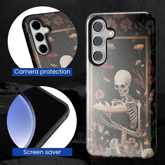 Case for Samsung Galaxy S24 Case, Skeleton Reader Goth Floral Design Hybrid - Image 2