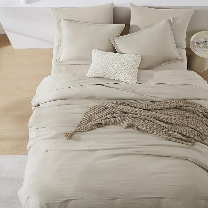 WRENSONGE California King Size Comforter Sets- 7 Pieces Soft Light Oatmeal Bed - Image 4