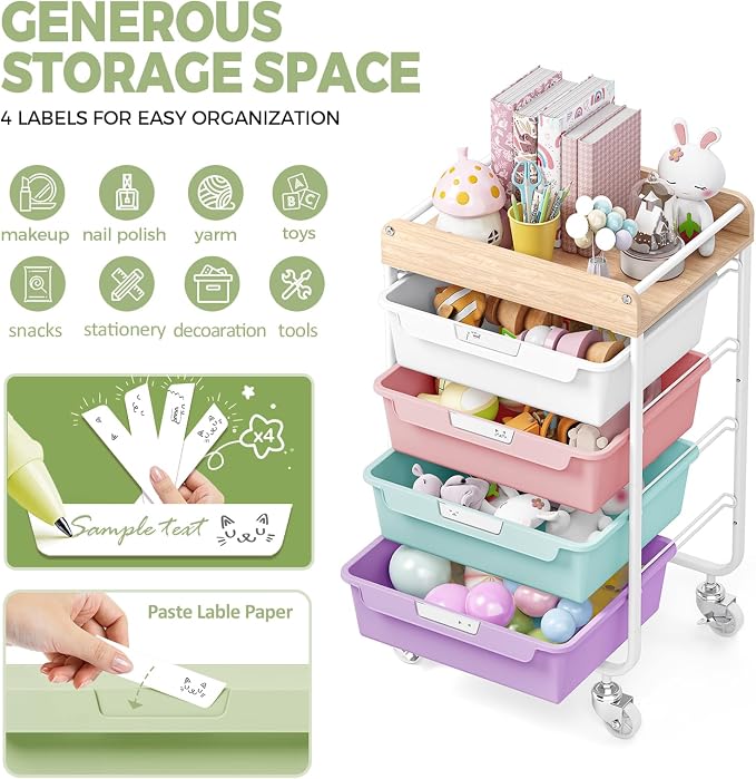 SYKIARIOL Rolling Utility Storage Cart, 4 Labeled Ice Cream Colored Drawers - Image 4